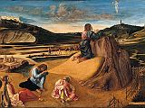 London National Gallery Next 20 03 Giovanni Bellini - The Agony in the Garden Giovanni Bellini - The Agony in the Garden, about 1465, 81 x 127 cm. Jesus prays in the Garden of Gethsemane while Peter, James and John sleep. An angel reveals a cup symbolizing his impending sacrifice. In the background, Judas approaches with the Roman soldiers who will arrest Jesus. Perhaps for the first time in Italian painting, the artist has represented a real, observed sunrise, which tints the undersides of clouds rose-orange, reflects from the walls of distant towns, glitters on armour. By specifying the time of day, the picture reminds us of Christ�s long night of agony, with its final acceptance of the Passion symbolized by the chalice held out by the angel like a priest officiating at Mass.